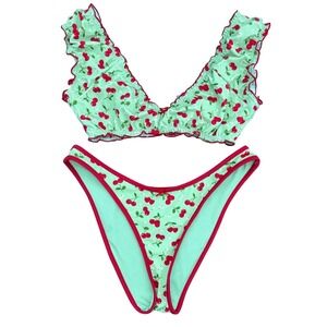 Victoria's Secret PINK Frankies Bikinis Cherry Ruffle Set XS New Retro Beach‎